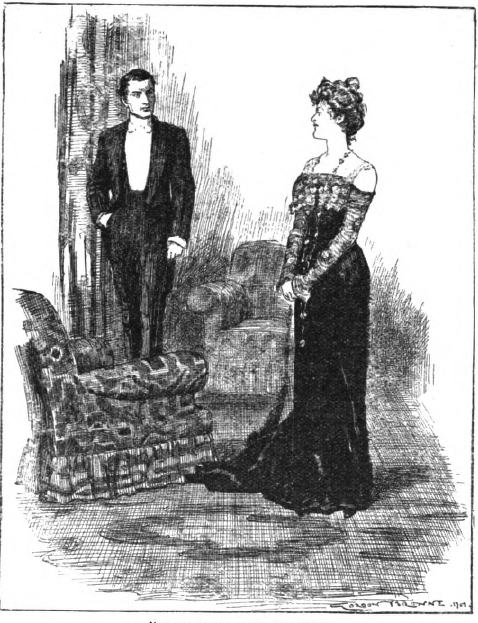 Man and woman standing in formal evening dress.