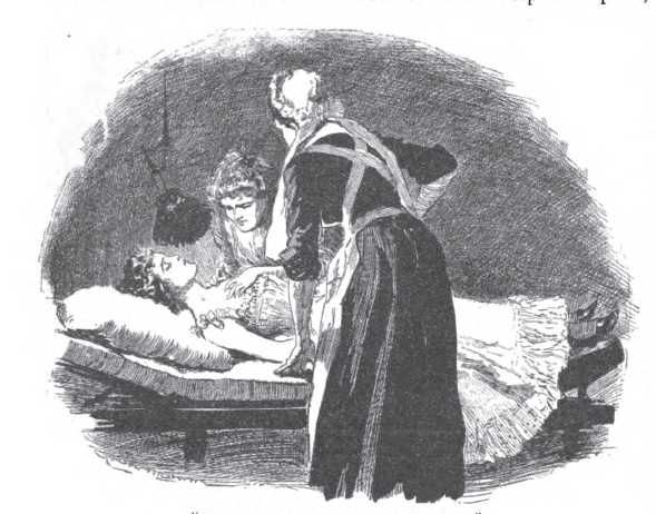 Two women bending over a drugged woman in a bed