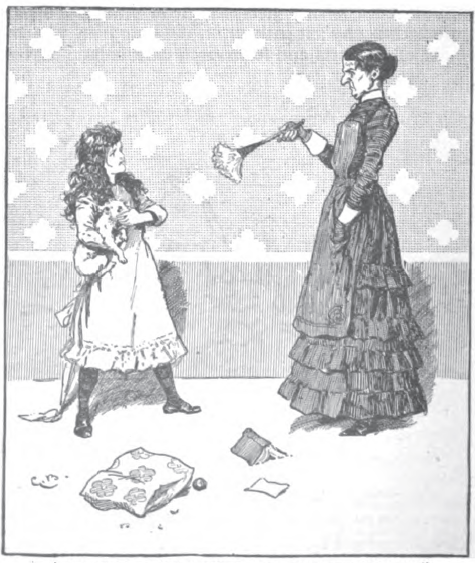 Girl holding pet and facing cranky woman