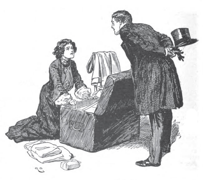 Woman kneels packing a trunk, facing a standing man
