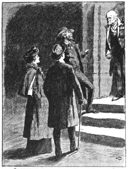 Three people outside, facing another man in an open door