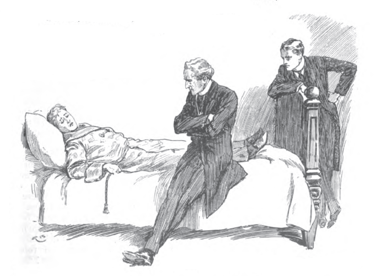 Man lying in bed, two others standing