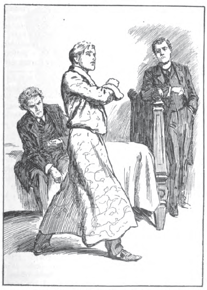 Man in dressing gown standing, a man sitting on a bed, another man standing