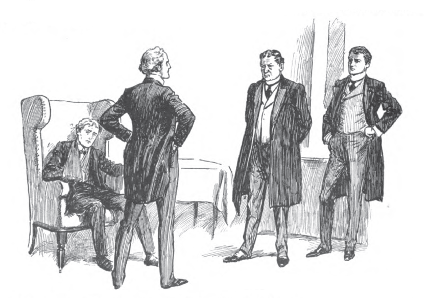 Four men, one sitting, three standing