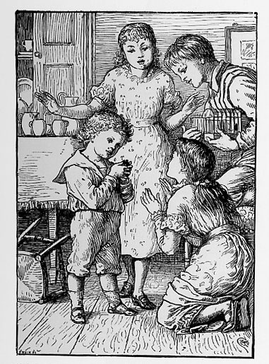 boy and two girls watching younger boy with mouse in hands