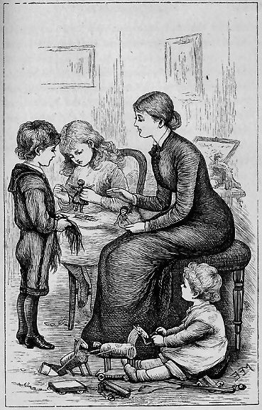 woman helping boy and girl dress dolls while a young boy plays with toys near them
