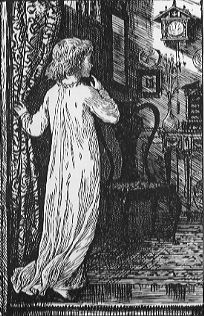 girl in nightgown talking to a cuckoo clock