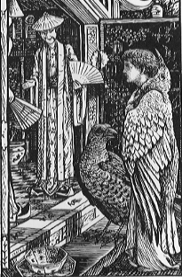 cuckoo and girl wearing a winged cloak standing before a house with a chinese man at the entrance