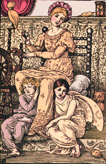 woman sitting with boy and winged girl by her feet