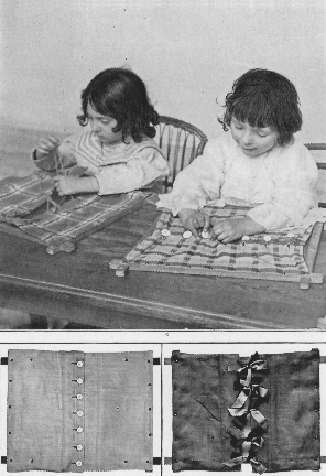 two young children working with buttons and laces