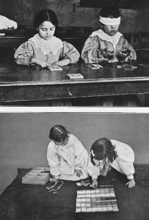 young girl touching a tile next to boy with blindfold; two girls arranging tiles in order