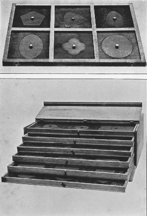 six squares with wooden insets; drawers for storing wooden insets