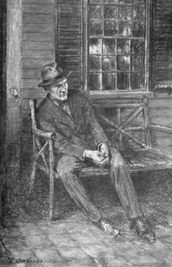 man with hat seated on bench under a window