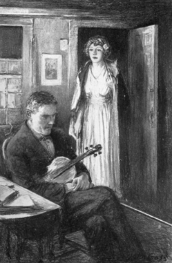 man seated with violin as woman in white enters room