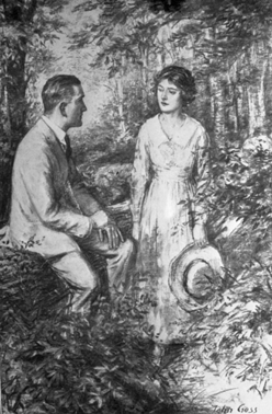 woman holding hat looking at man seated in forest