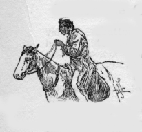 First Nations man riding a horse.