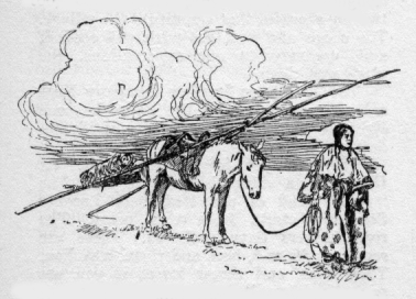First Nations woman leading a horse-drawn travois.