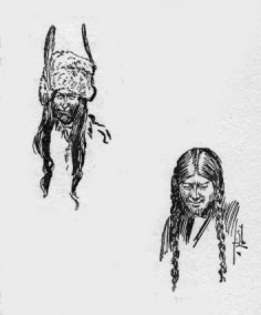 First Nations man wearing fur hat and First Nations woman with braided hair.