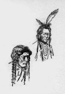 First Nations people with feather headdresses and braided hair.