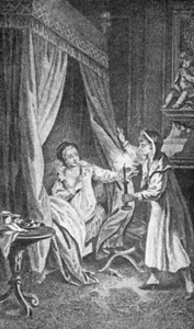 girl with candle approaching woman in bed