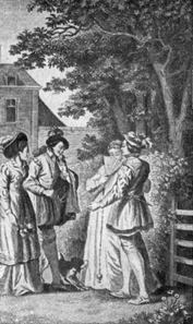four people conversing in a garden