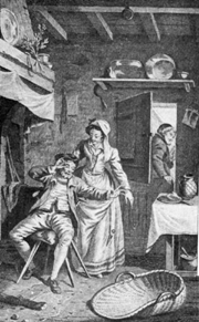 woman bending over a seated man, another man leaving the room.