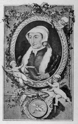 woman with bonnet holding book in oval frame with cherubs