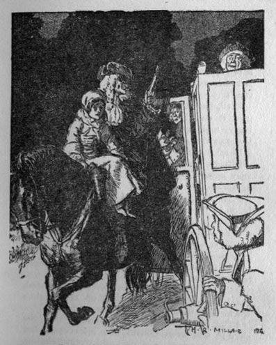 Elfrida and man on black horse.