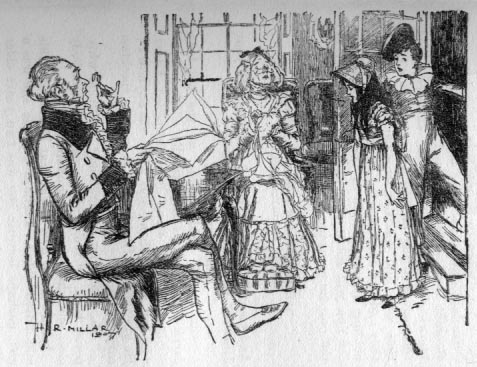 Man sitting in chair holding his spectacles and reading, woman next to him stands with her nose in the air. Edred and Elfrida are entering the room.