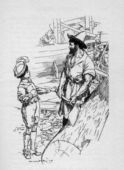Smartly dressed Dickie with a flower in his hat, conversing with Sebastian, who is holding an axe.