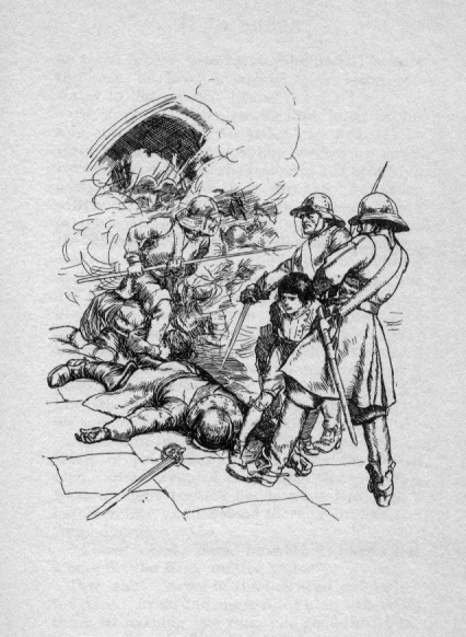 Dickie being held by soldiers as the dead man lay on the ground.