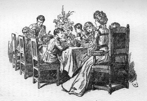 Everyone seated around a grand dining table filled with food and flowers.