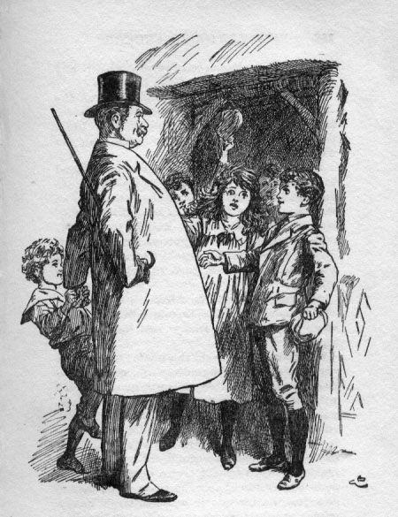 Jolly uncle with long coat and hat surrounded by happy children.