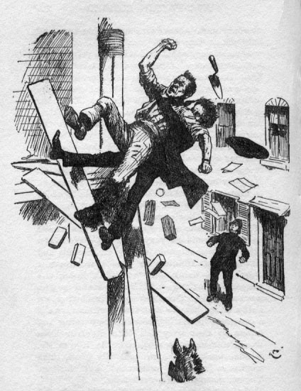 Two men falling off of a building.