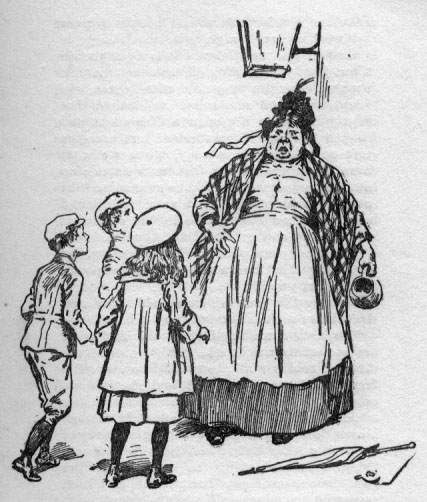 Woman and children encountering each other. All seem surprised.