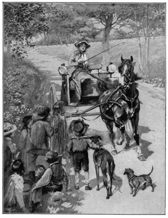 Pastoral scene of a country road with children and dogs and a woman on a horse drawn cart moving towards them.