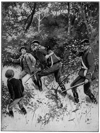 Two boys and two armed men walking through the bushes.
