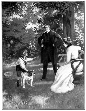 Boy with dog, the lady, and the clergyman outside in some shady grass.