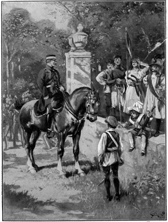 Man in uniform on horse outdoors with people around.