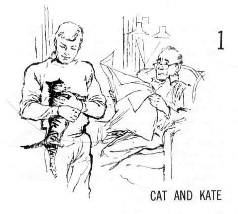 Chapter One: Cat and Kate. Father in chair reading paper, boy standing holding cat.