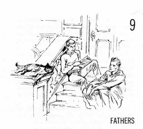 Chapter Nine: Fathers. Two boys on front stoop with cat.