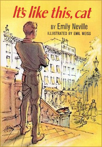 Cover of book, boy with crossed arms looking out at the city street, watercolor on a yellow background.