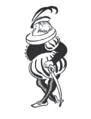 figure in a big puffy outfit with short pantaloons and hose and a feathered cap.