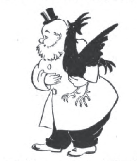 bald man in long jacket and tiny top hat holding a crowing rooster.