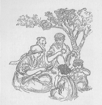 family eating bread and cheese under a tree