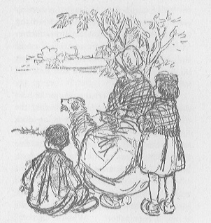 old woman, children and dog looking at a cabin