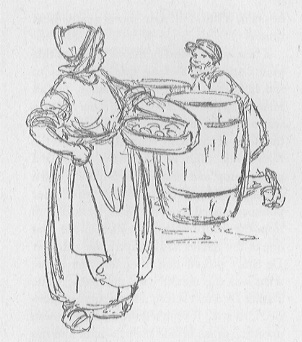 woman standing, man behind a barrel of potatoes