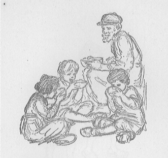 man with children sitting and eating soup