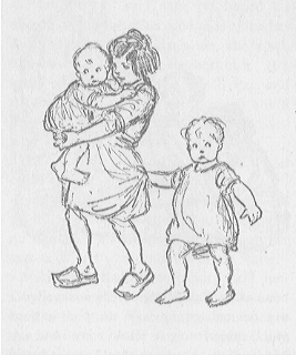 little girl carrying a large baby, followed by another