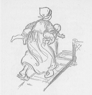 woman running up a gangplank with babies tucked under her arms
